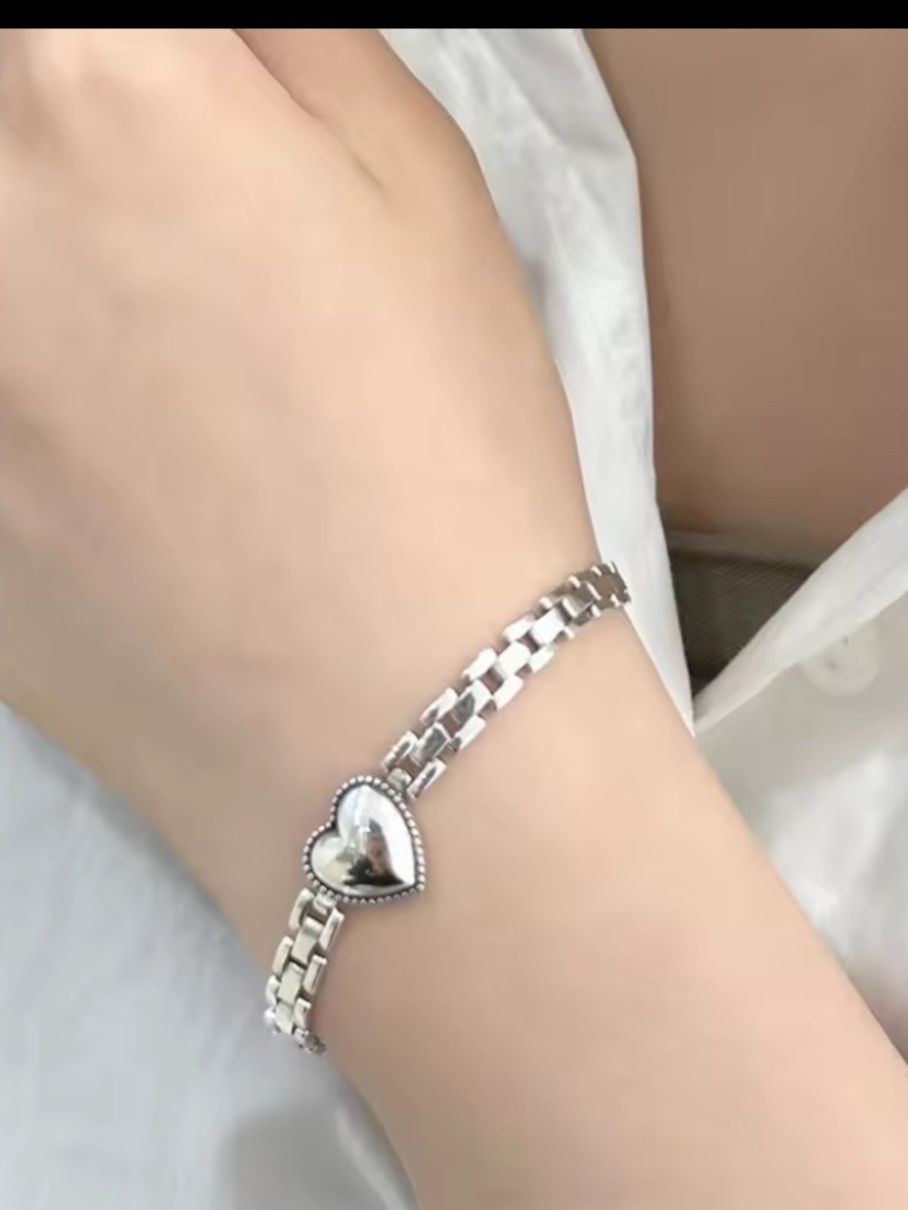 Silver color Heart Link Bracelet - Silver Heart Charm